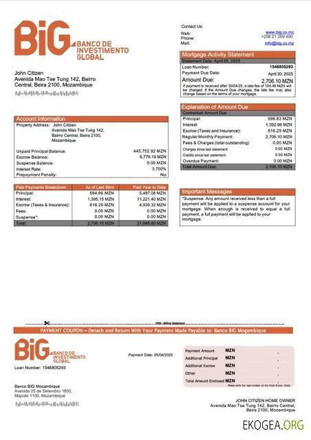 Mozambique Banco BIG Moçambique relevé hypothécaire Modèle Word et PDF